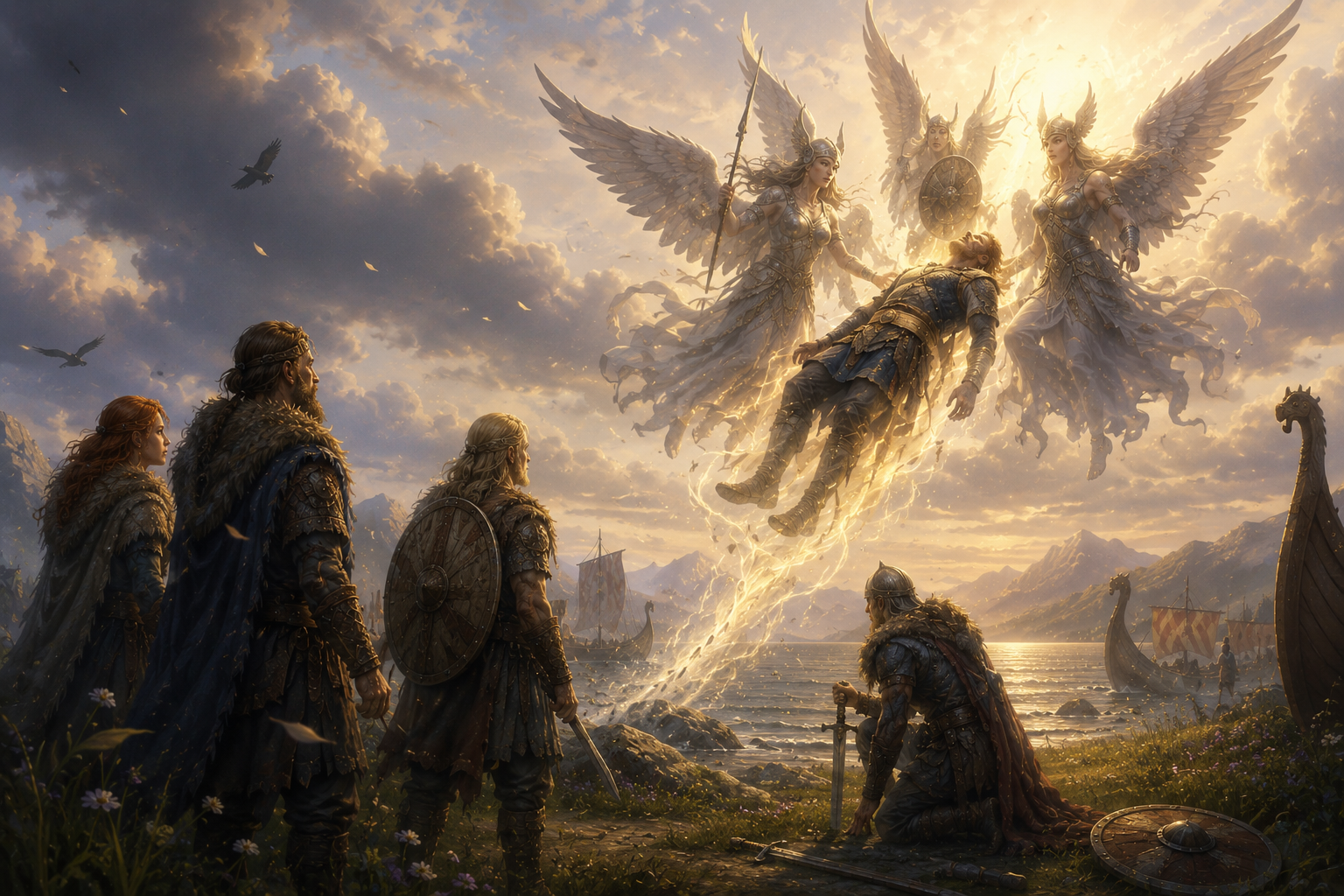 A fallen warrior lies on the battlefield, sword beside them, while distant companions look on from the smoke.